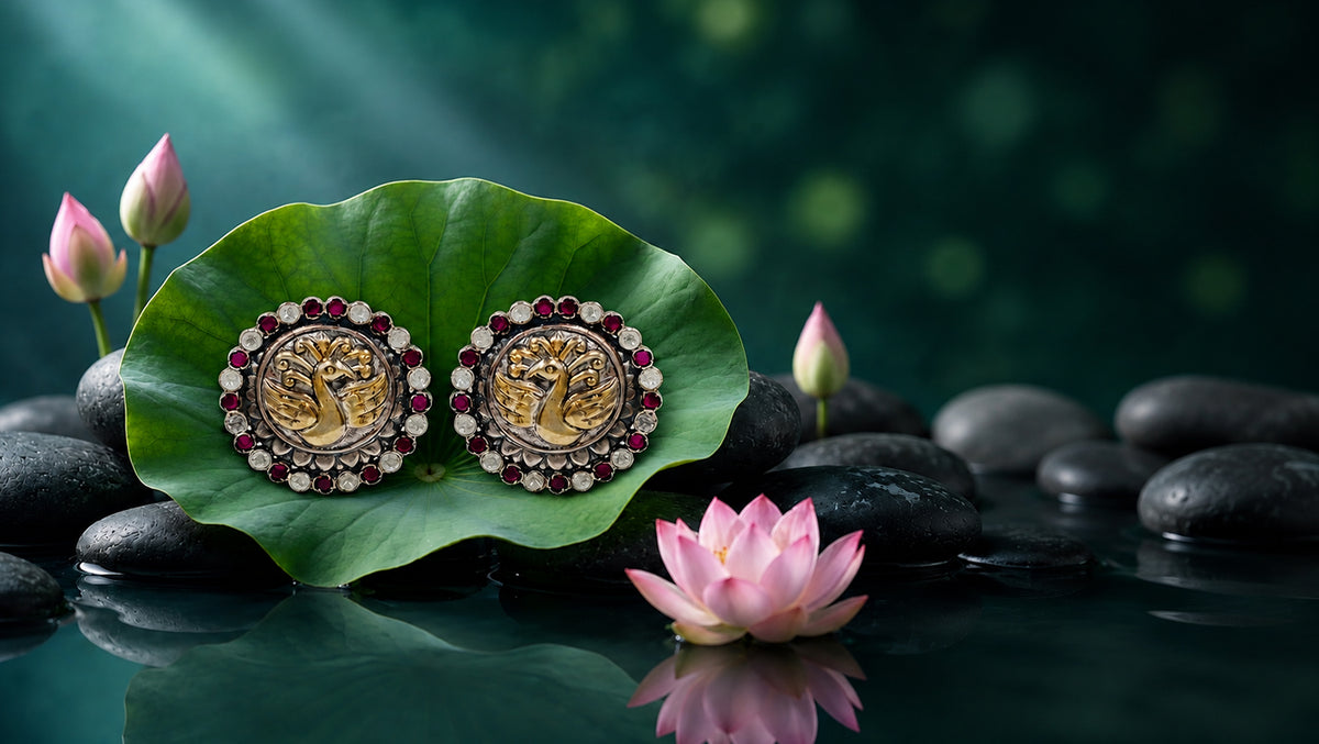 Sangeeta Boochra Handcrafted Dual Plated Silver Peacock Motif Stud Earrings
