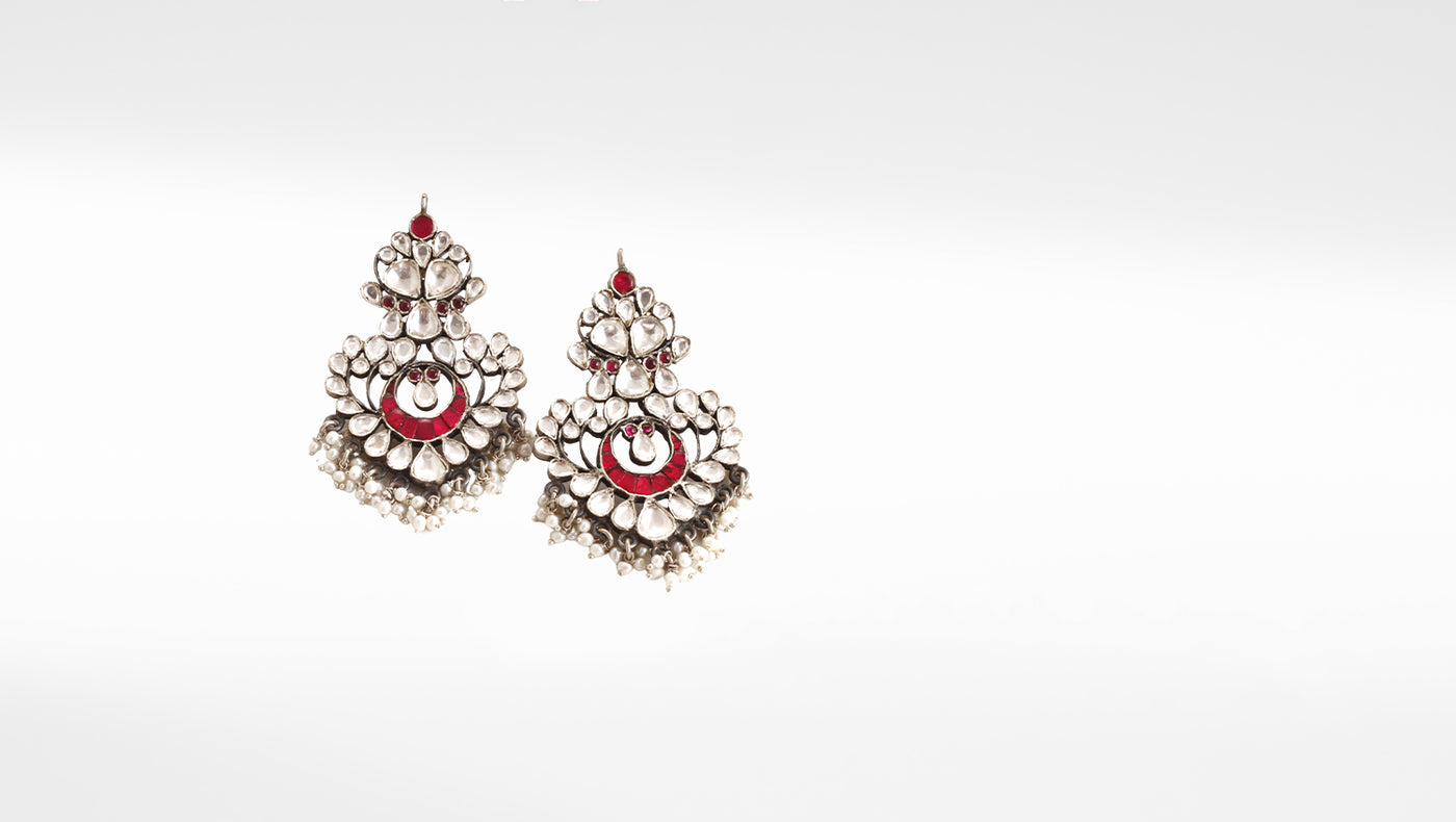 Sangeeta Boochra Red Silver Tone Handmade Earrings with Pearls