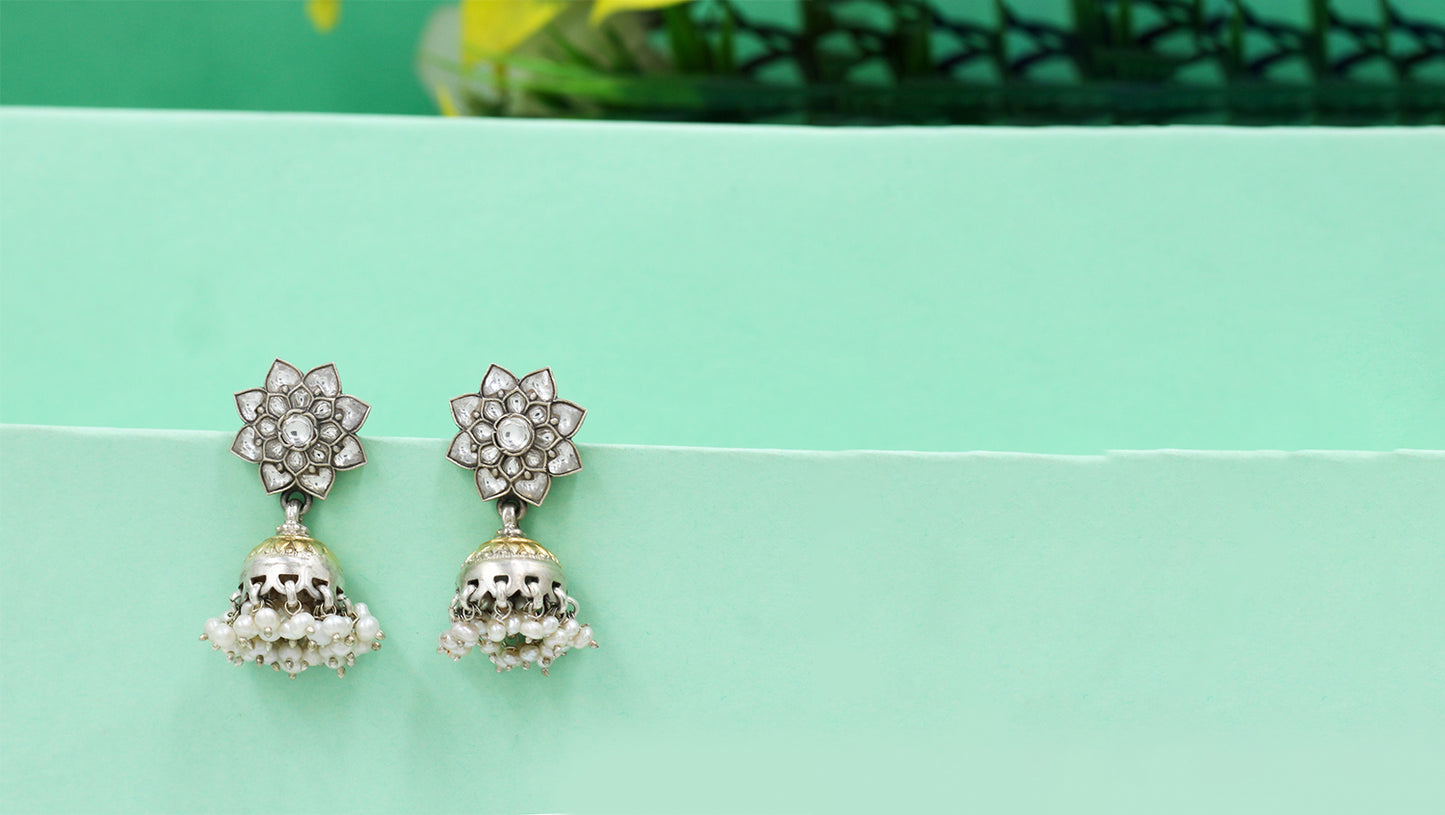 Handcrafted Silver Floral Jhumkas with Pearls