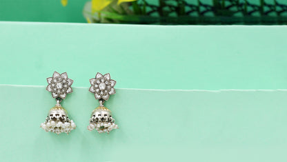 Handcrafted Silver Floral Jhumkas with Pearls