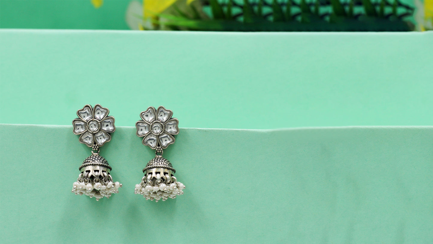 Sangeeta Boochra Handcrafted Floral Silver Jhumka Earrings