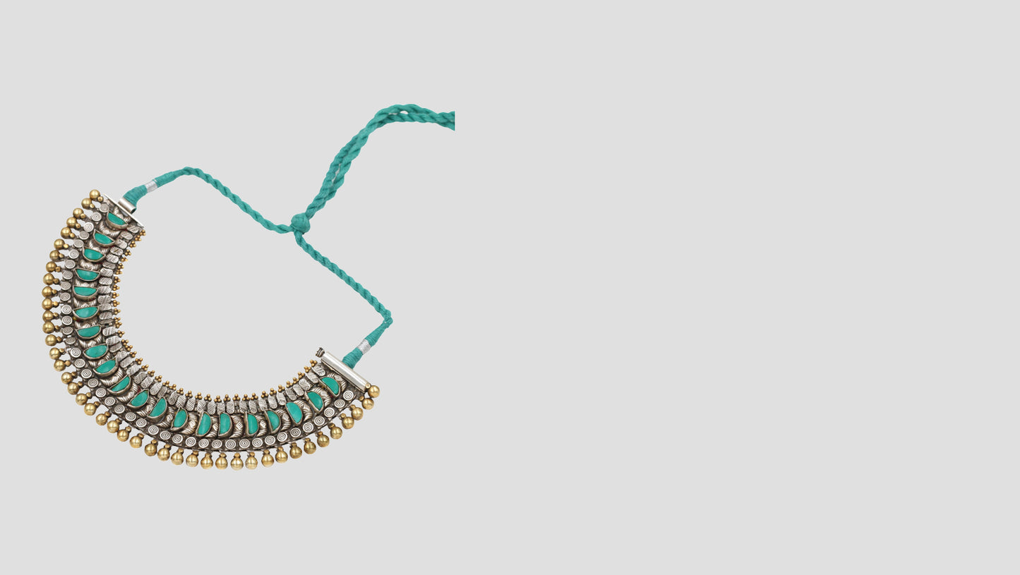 Handcrafted Tribal Silver Necklace with Turquoise Accents