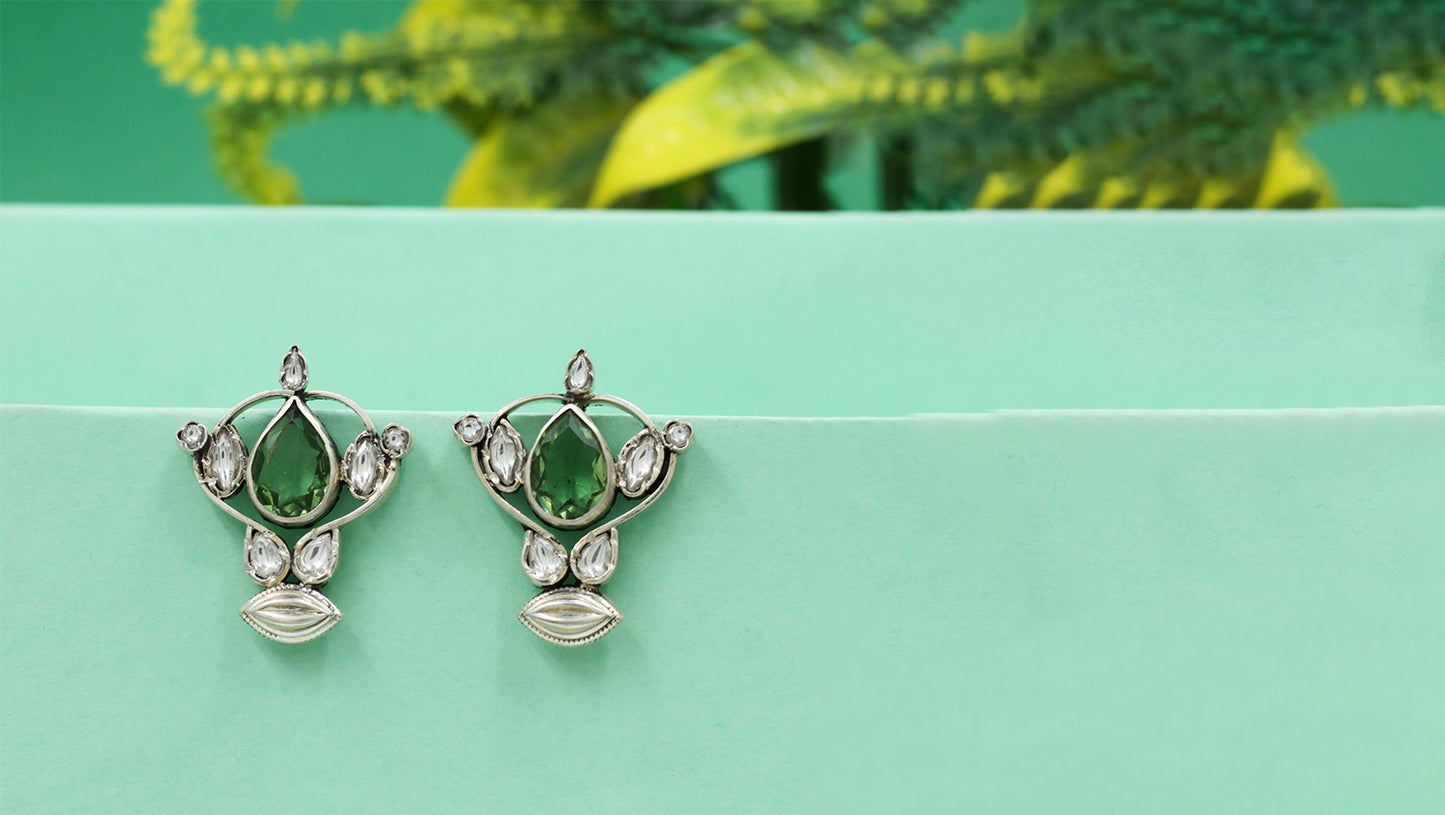 Heritage Green Teardrop Silver Earrings by Sangeeta Boochra