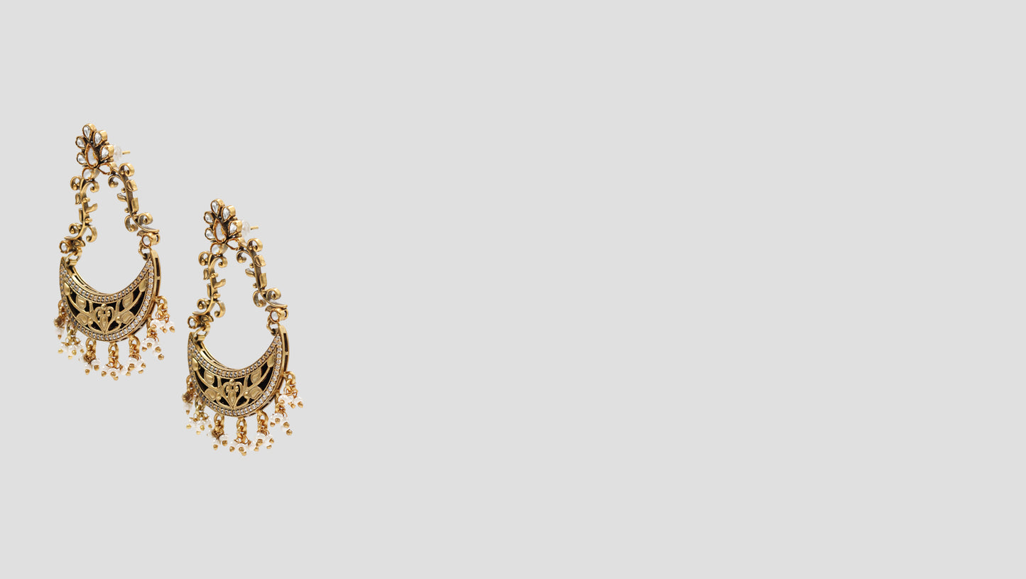 Handcrafted Antique Gold-Plated Silver Chandbali Earrings