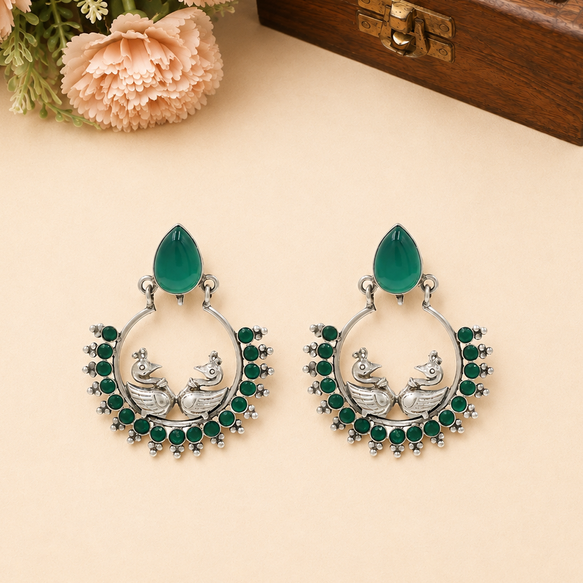 Sangeeta Boochra Designer Peacock Silver Earrings | Green Gemstone Statement Earrings