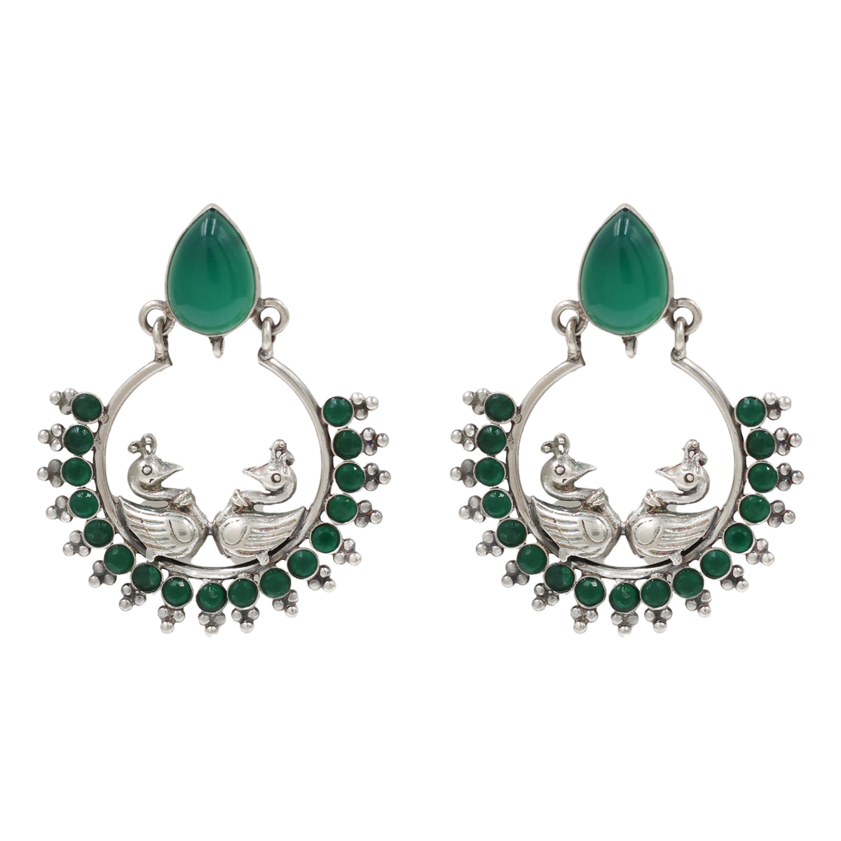 Sangeeta Boochra Designer Peacock Silver Earrings | Green Gemstone Statement Earrings