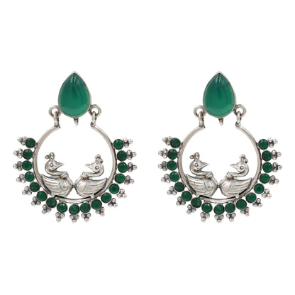 Sangeeta Boochra Designer Peacock Silver Earrings | Green Gemstone Statement Earrings