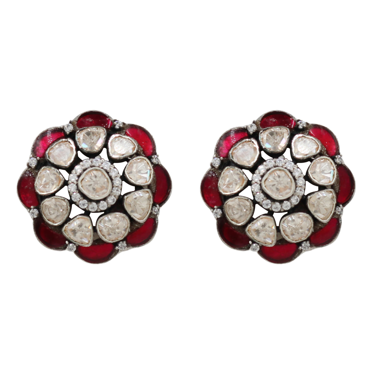 Sangeeta Boochra Handcrafted Silver Floral Earrings with Red Kundan & Moissanite