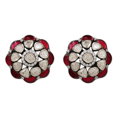 Sangeeta Boochra Handcrafted Silver Floral Earrings with Red Kundan & Moissanite