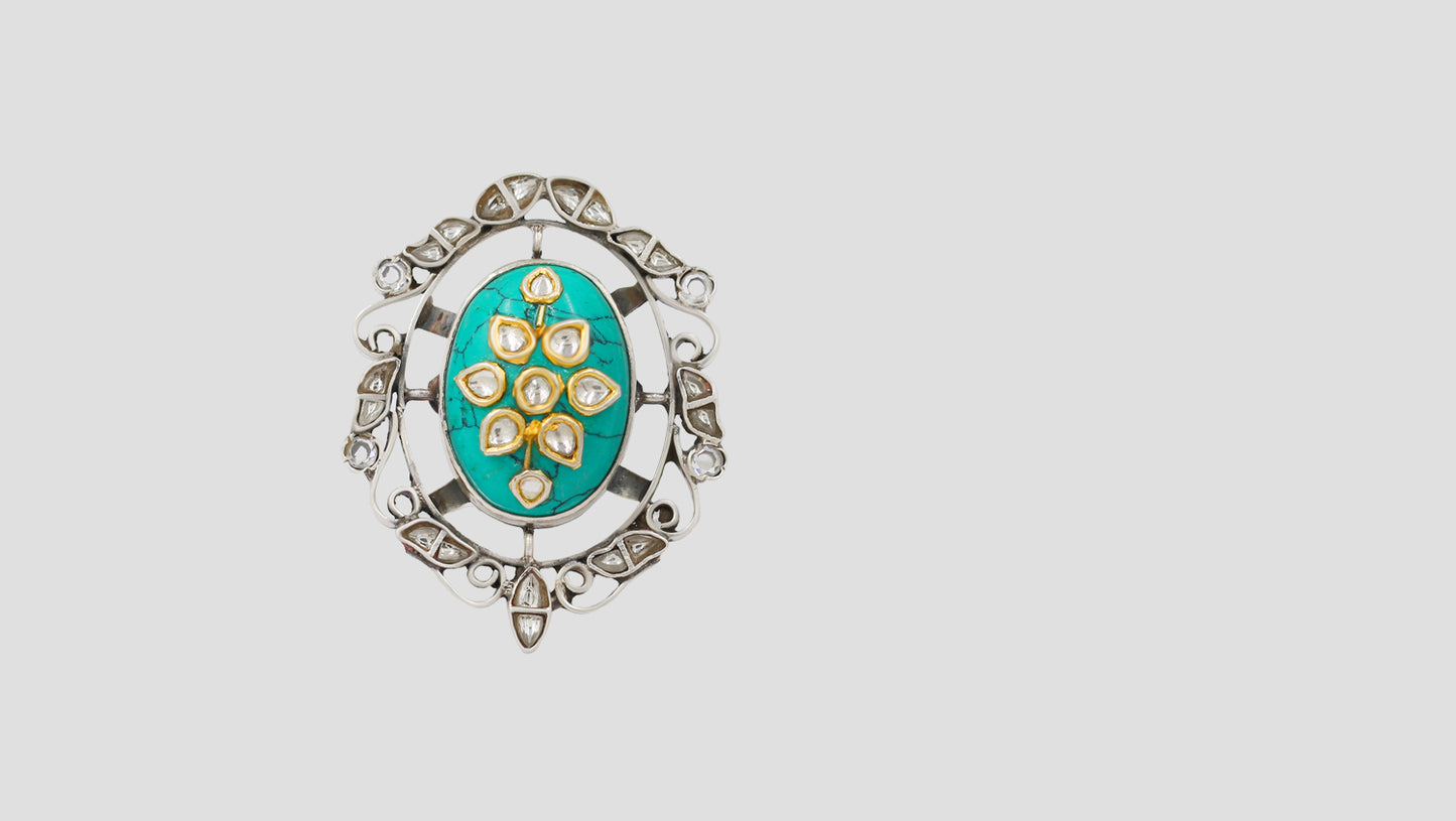 Sangeeta Boochra Handcrafted Turquoise & Kundan Silver Ring
