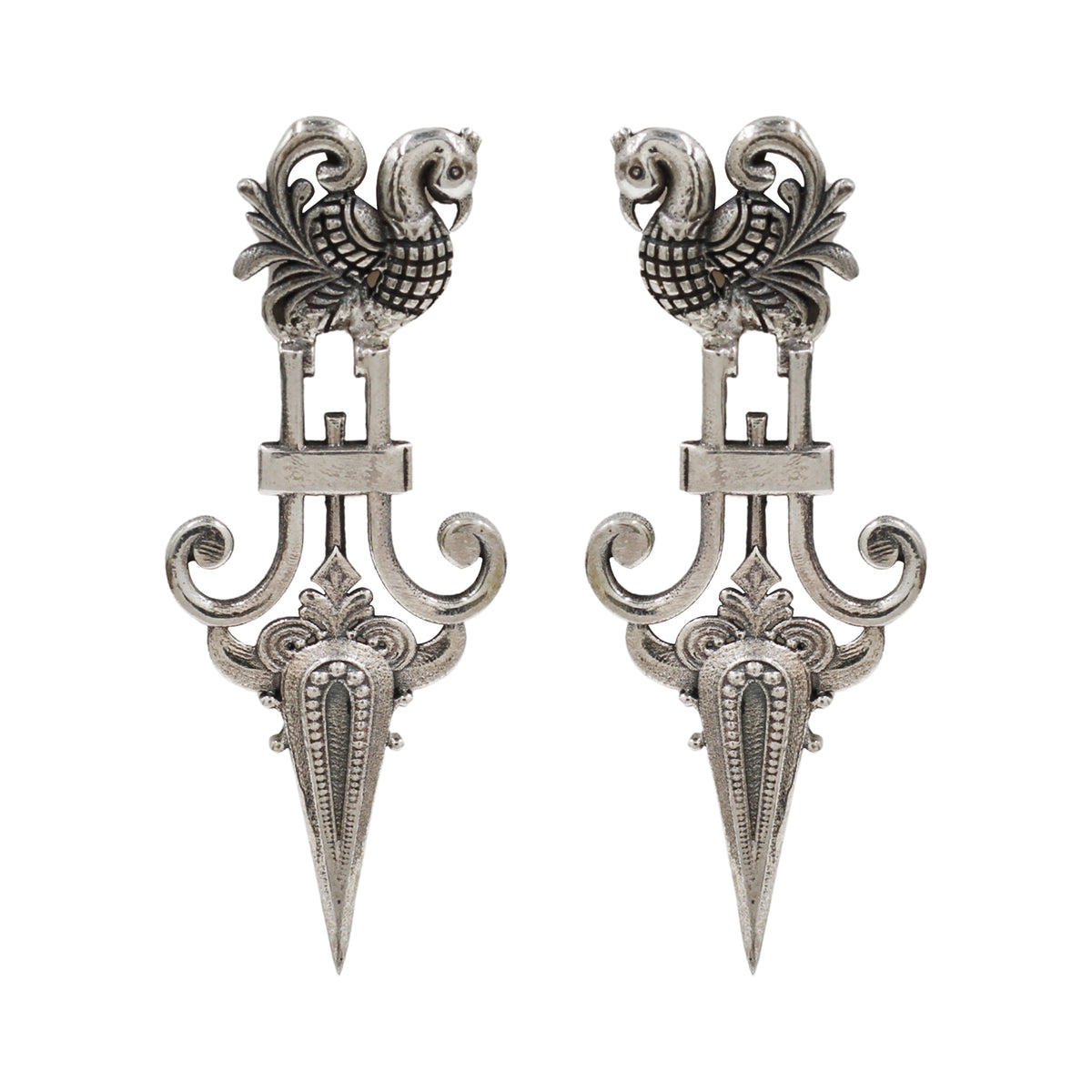 Sangeeta Boochra Handcrafted Oxidised Silver Peacock Motif Statement Earrings