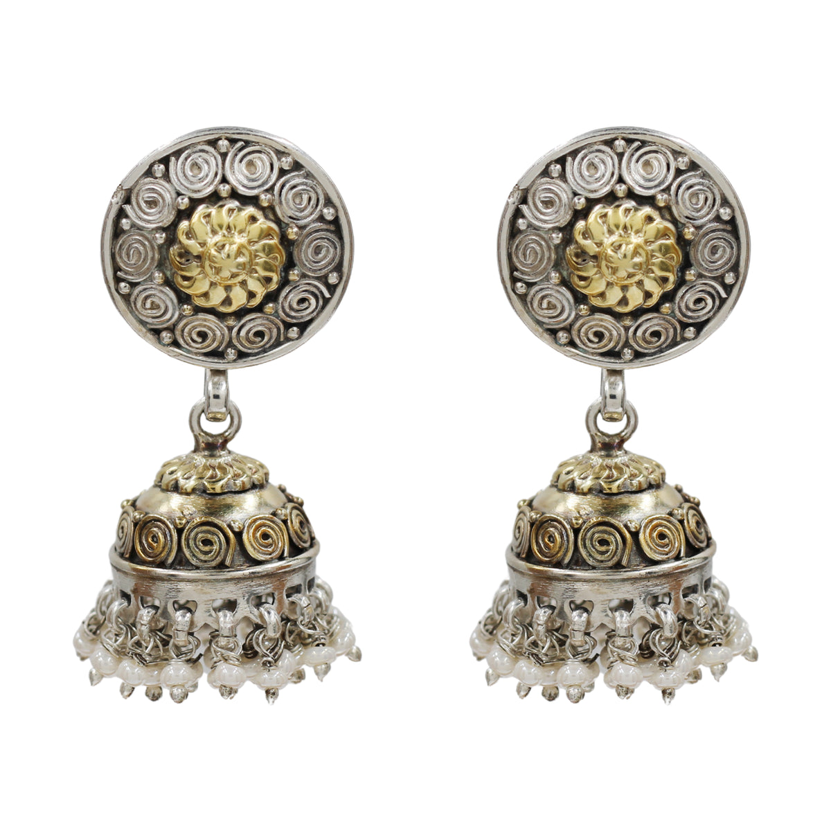 Sangeeta Boochra Dual-Tone Oxidised Jhumka Earrings with Pearl Drops