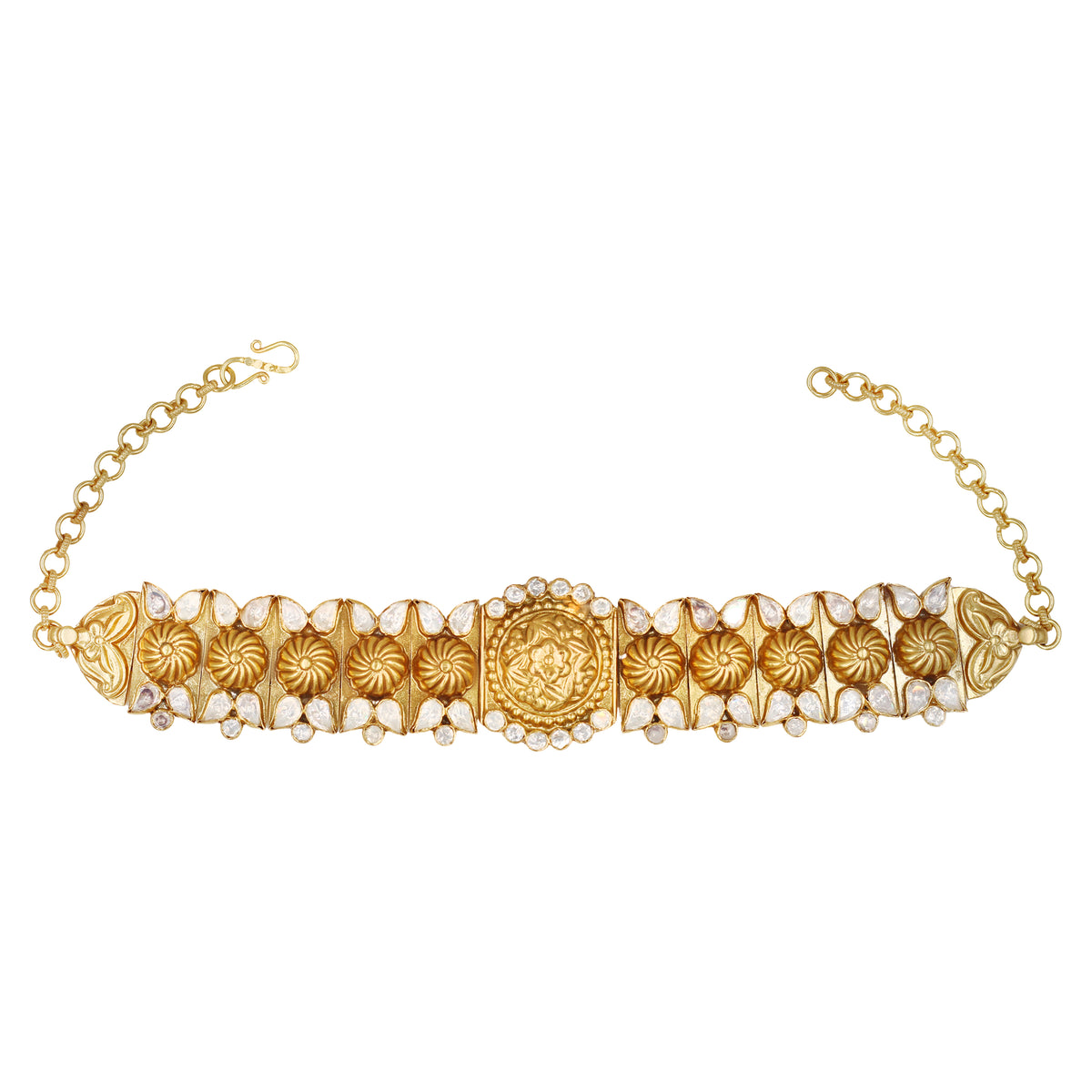 Sangeeta Boochra Artisan Gold Plated Silver Heritage Choker with Floral & Moissanite Detailing