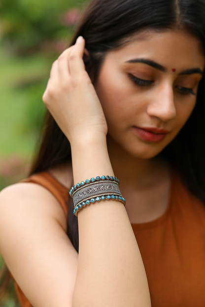 Handcrafted Silver Bangle with turquoise stone Detailing by Sangeeta Boochra