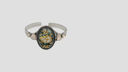 Sangeeta Boochra Handcrafted Silver Bracelet with Turquoise Centerpiece & Floral Motif