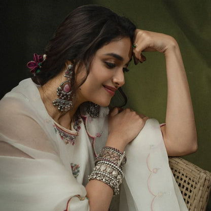 Sangeeta Boochra Oxidised Silver Earrings & Bangles | Styled by Keerthy Suresh