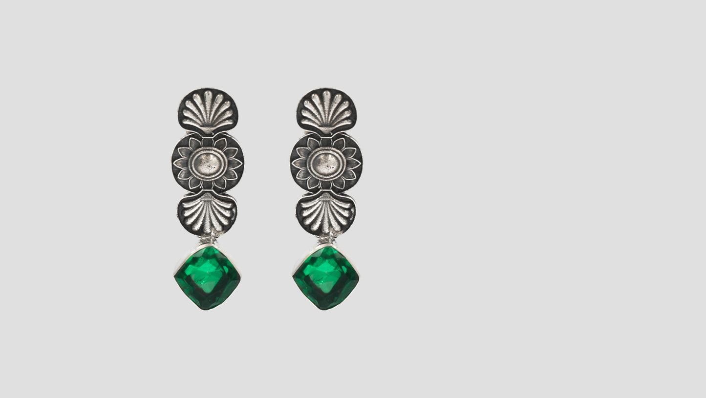 Sangeeta Boochra Silver Floral Earrings with Green Gemstone
