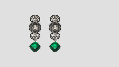 Sangeeta Boochra Silver Floral Earrings with Green Gemstone