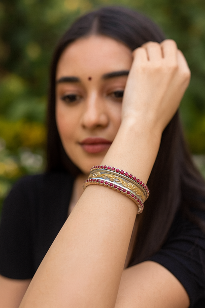 Dual-Tone Silver Heritage Bangle with Ruby Stones | Sangeeta Boochra