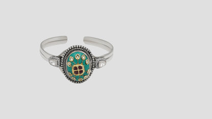 Sangeeta Boochra Silver Statement Bracelet with Turquoise-Tone Stone & Kundan Detailing