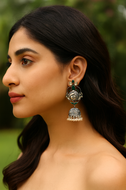 Traditional Silver Earrings with Green Enamel & Pearls | Sangeeta Boochra