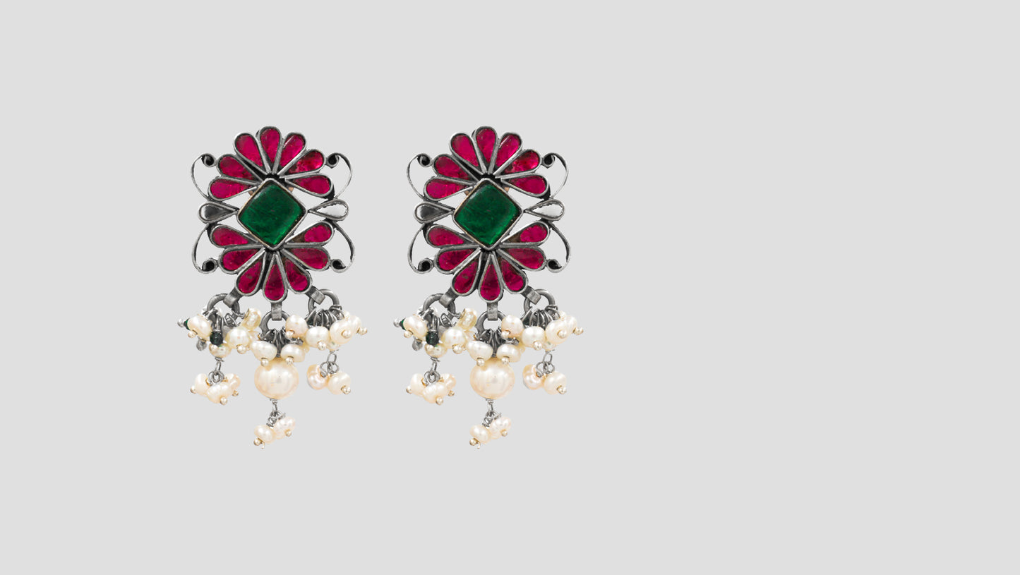 Handcrafted Silver Earrings with Pearls & Enamel Work