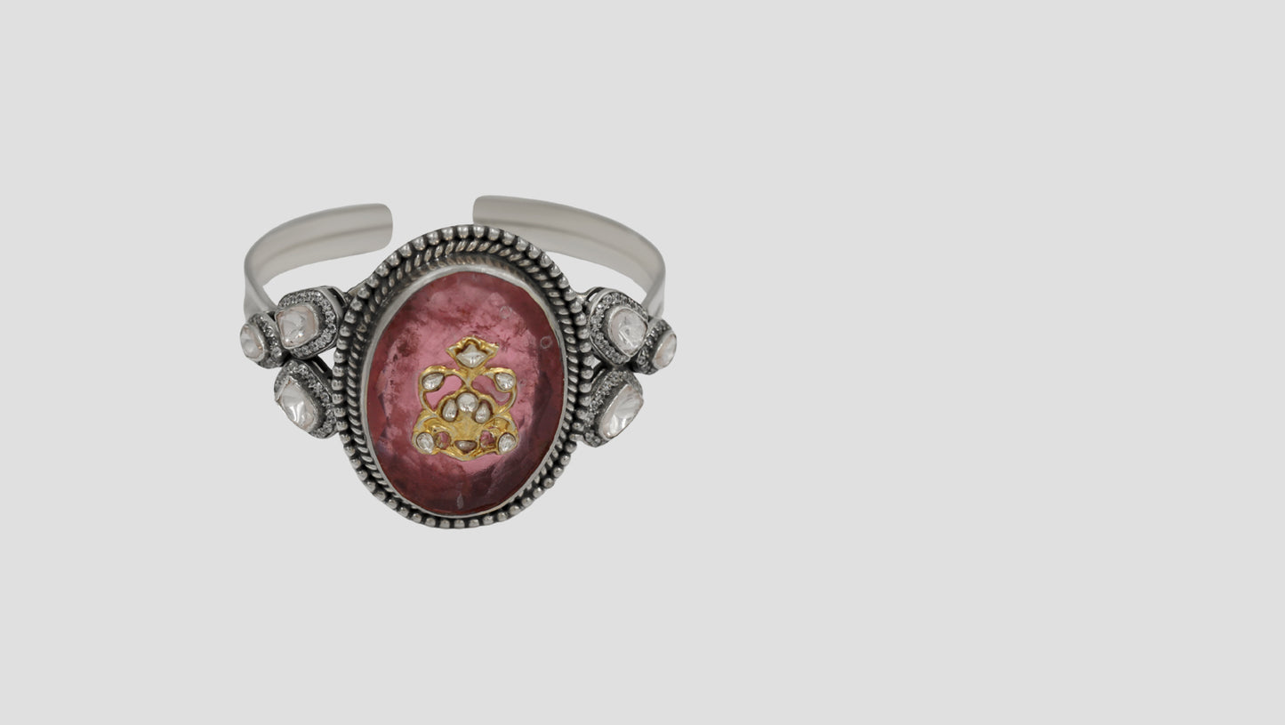 Sangeeta Boochra Silver Statement Bracelet with Rose-Tone Stone & Kundan Detailing