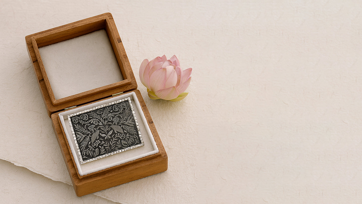 Sangeeta Boochra Artisan Oxidized Silver Brooch with Regal Motif Design