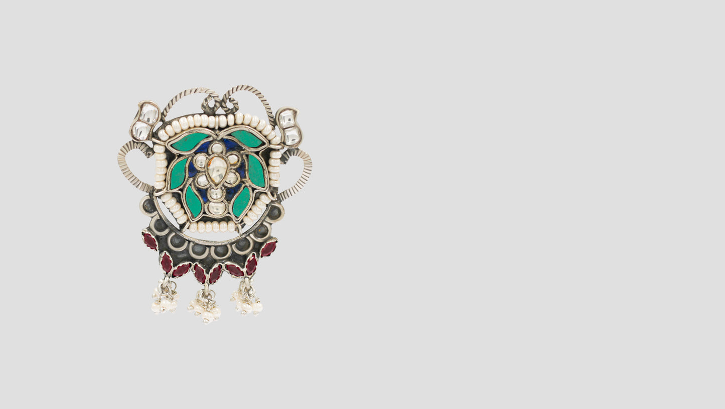 Sangeeta Boochra Handcrafted Silver Floral Kundan Ring
