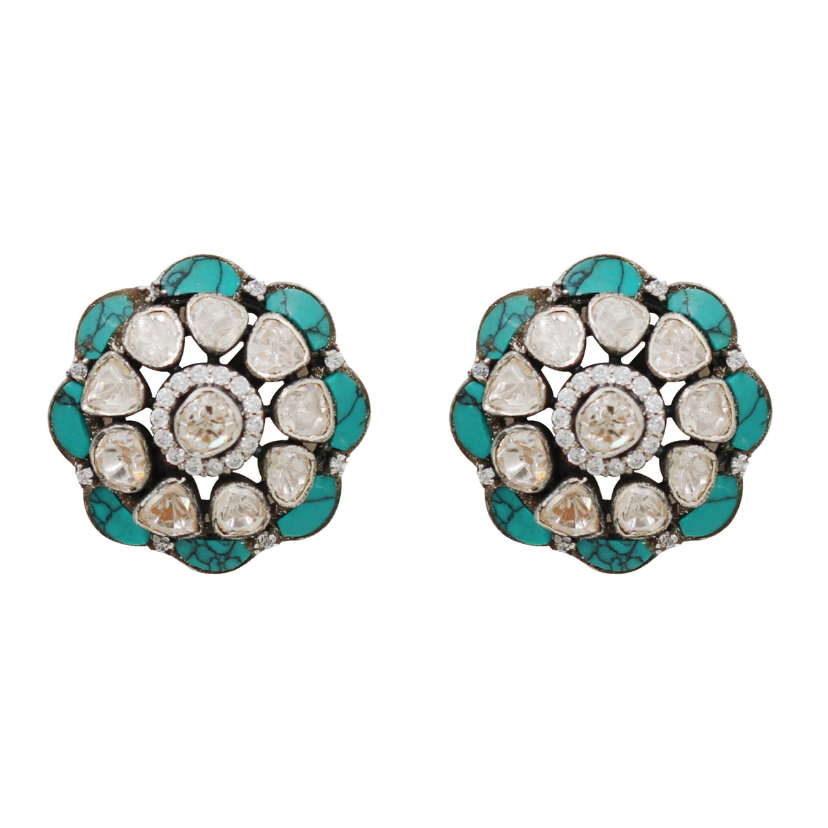 Sangeeta Boochra Turquoise & Moissanite Floral Silver Stud Earrings