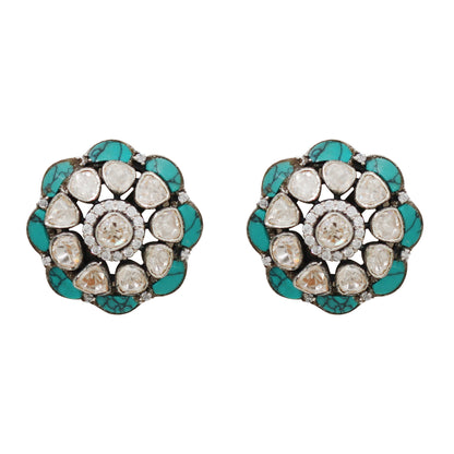 Sangeeta Boochra Turquoise & Moissanite Floral Silver Stud Earrings