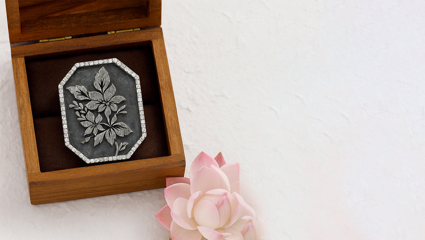 Sangeeta Boochra Artisan Oxidized Silver Brooch with Floral Moti