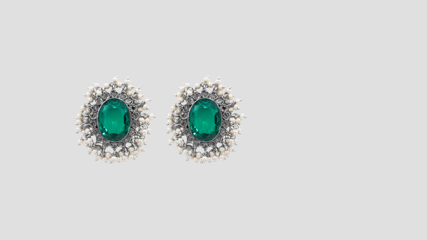 Sangeeta Boochra Handcrafted Silver Earrings with Green Gem and Pearls