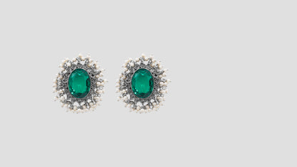 Sangeeta Boochra Handcrafted Silver Earrings with Green Gem and Pearls