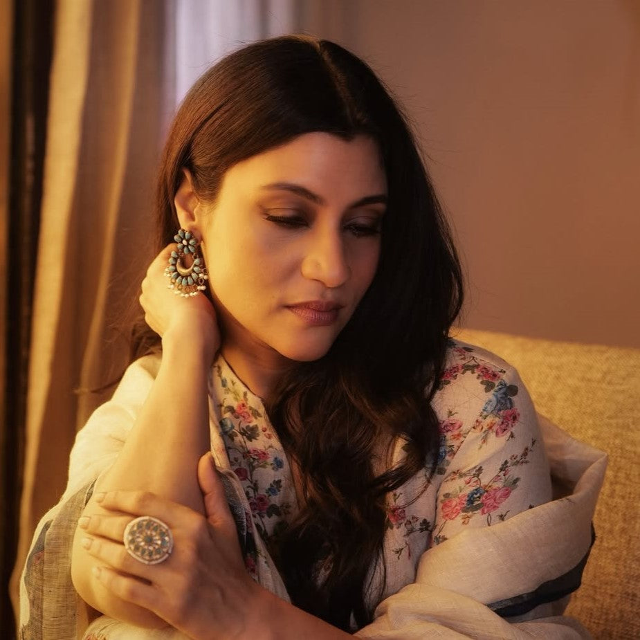 Sangeeta Boochra Silver Statement Earrings & Ring | Worn by Konkona