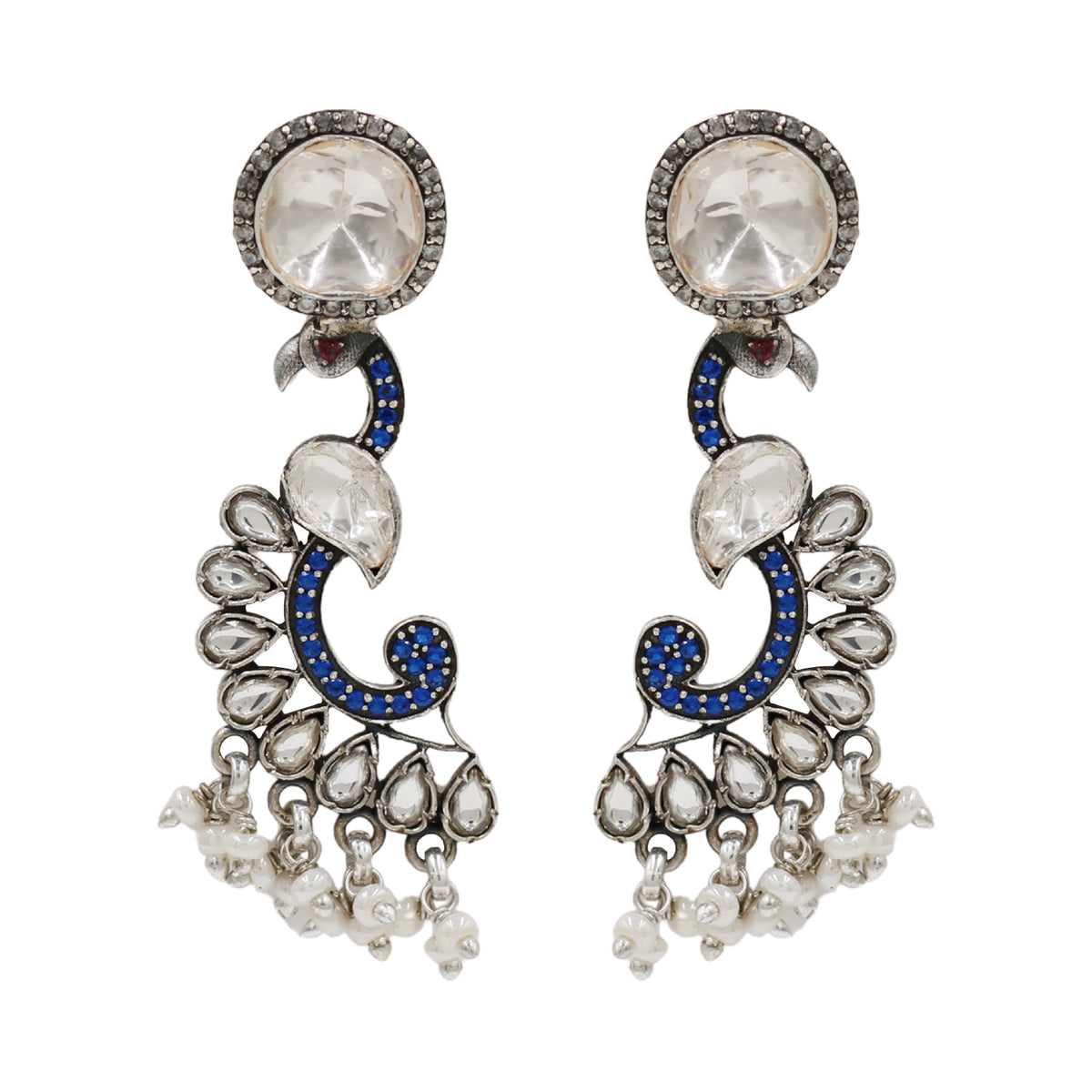 Sangeeta Boochra Peacock-Inspired Silver Earrings with Moissanite & Kundan