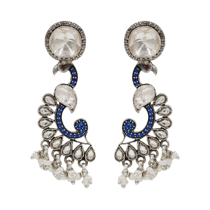 Sangeeta Boochra Peacock-Inspired Silver Earrings with Moissanite & Kundan