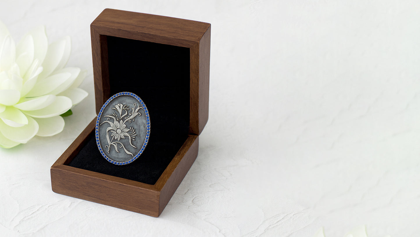 Handcrafted Oxidised Silver Heritage Floral Brooch with Blue Stone Accents | Sangeeta Boochra