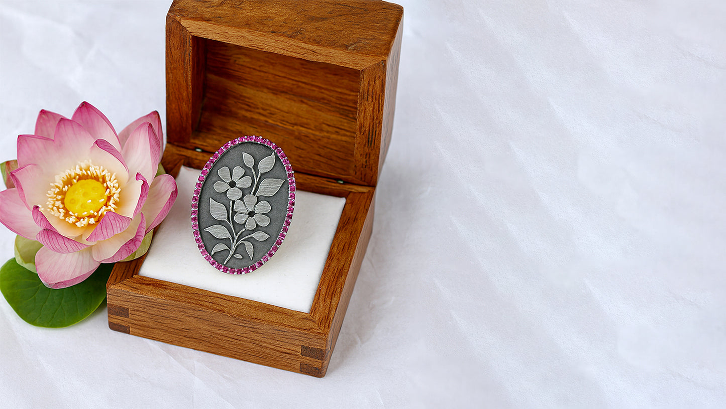Sangeeta Boochra “Midnight Blossom” Oval Silver Brooch