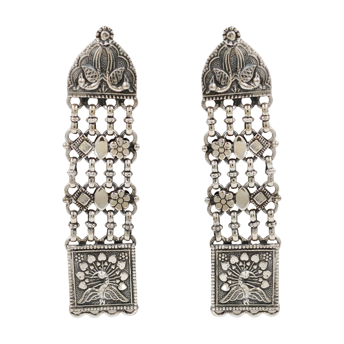 Sangeeta Boochra Handcrafted Oxidised Silver Peacock Motif Long Earrings