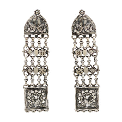 Sangeeta Boochra Handcrafted Oxidised Silver Peacock Motif Long Earrings