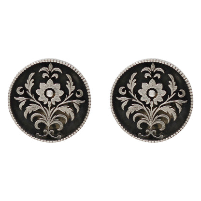 Sangeeta Boochra Handcrafted Oxidised Silver Engraved Floral Stud Earrings