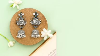 Handcrafted Silver Earrings with Peacock Motif & Pearl Drops