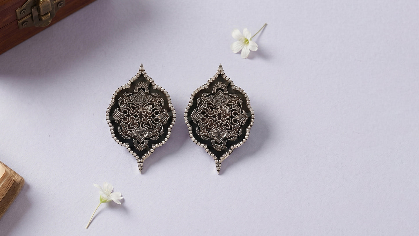 Sangeeta Boochra Intricate Floral Oxidised Silver Stud Earrings