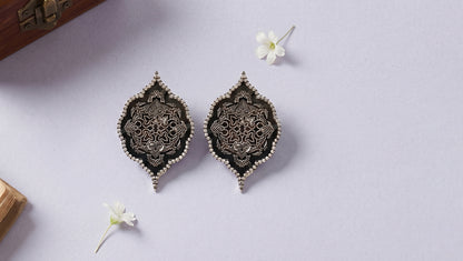 Sangeeta Boochra Intricate Floral Oxidised Silver Stud Earrings