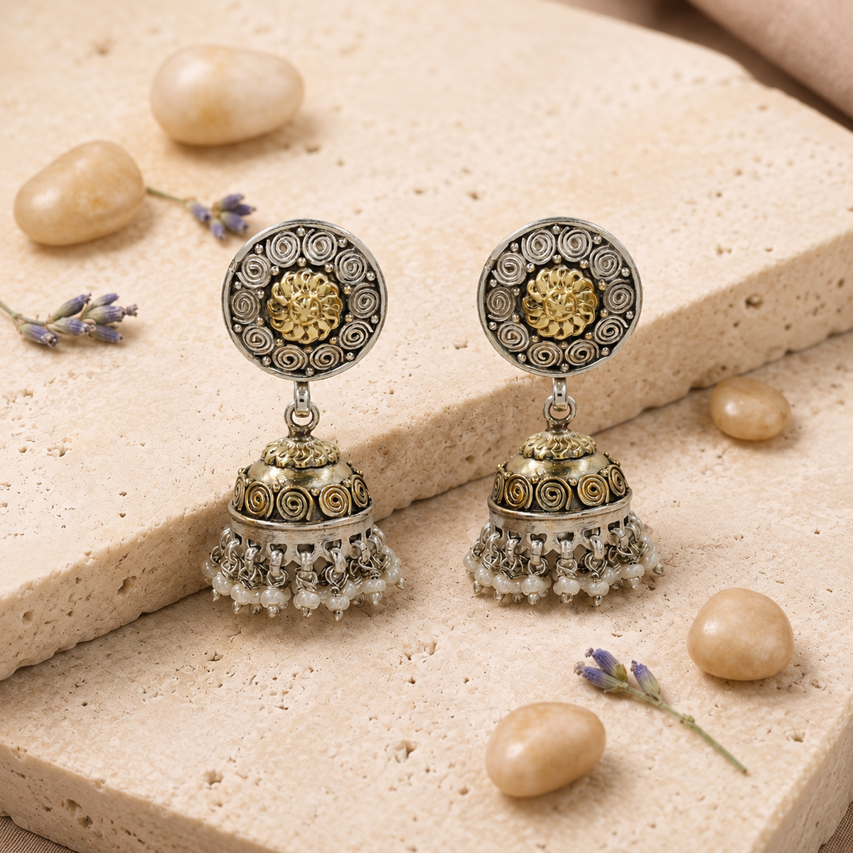 Sangeeta Boochra Dual-Tone Oxidised Jhumka Earrings with Pearl Drops