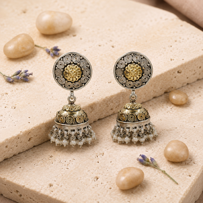 Sangeeta Boochra Dual-Tone Oxidised Jhumka Earrings with Pearl Drops