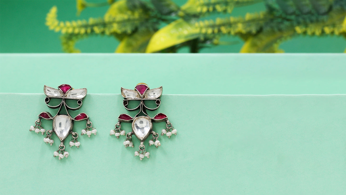 Heritage Kundan Silver Earrings With Pearl Drop