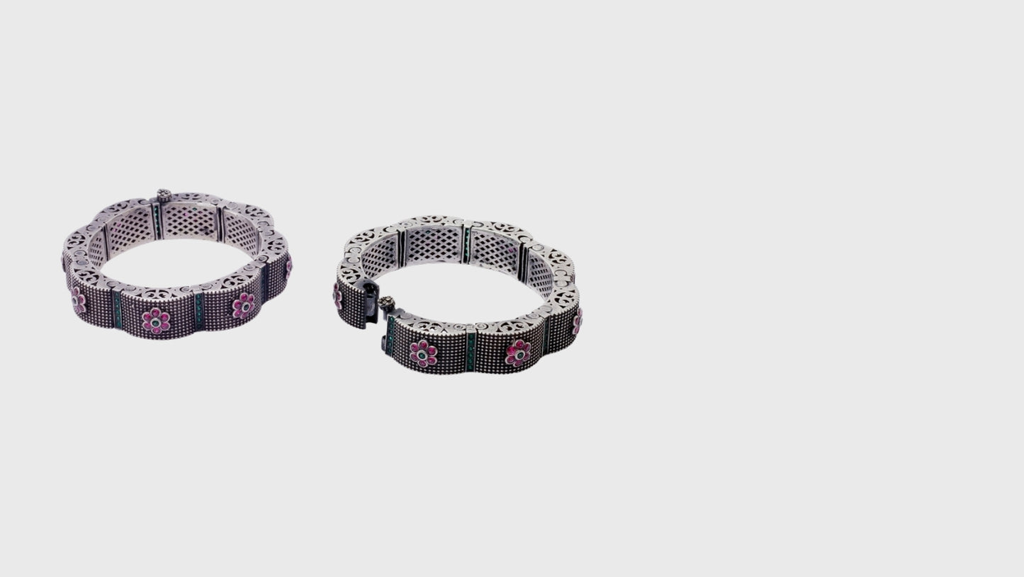 Oxidized Silver Gemstone Studded Hand Bangles