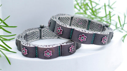 Oxidized Silver Gemstone Studded Hand Bangles